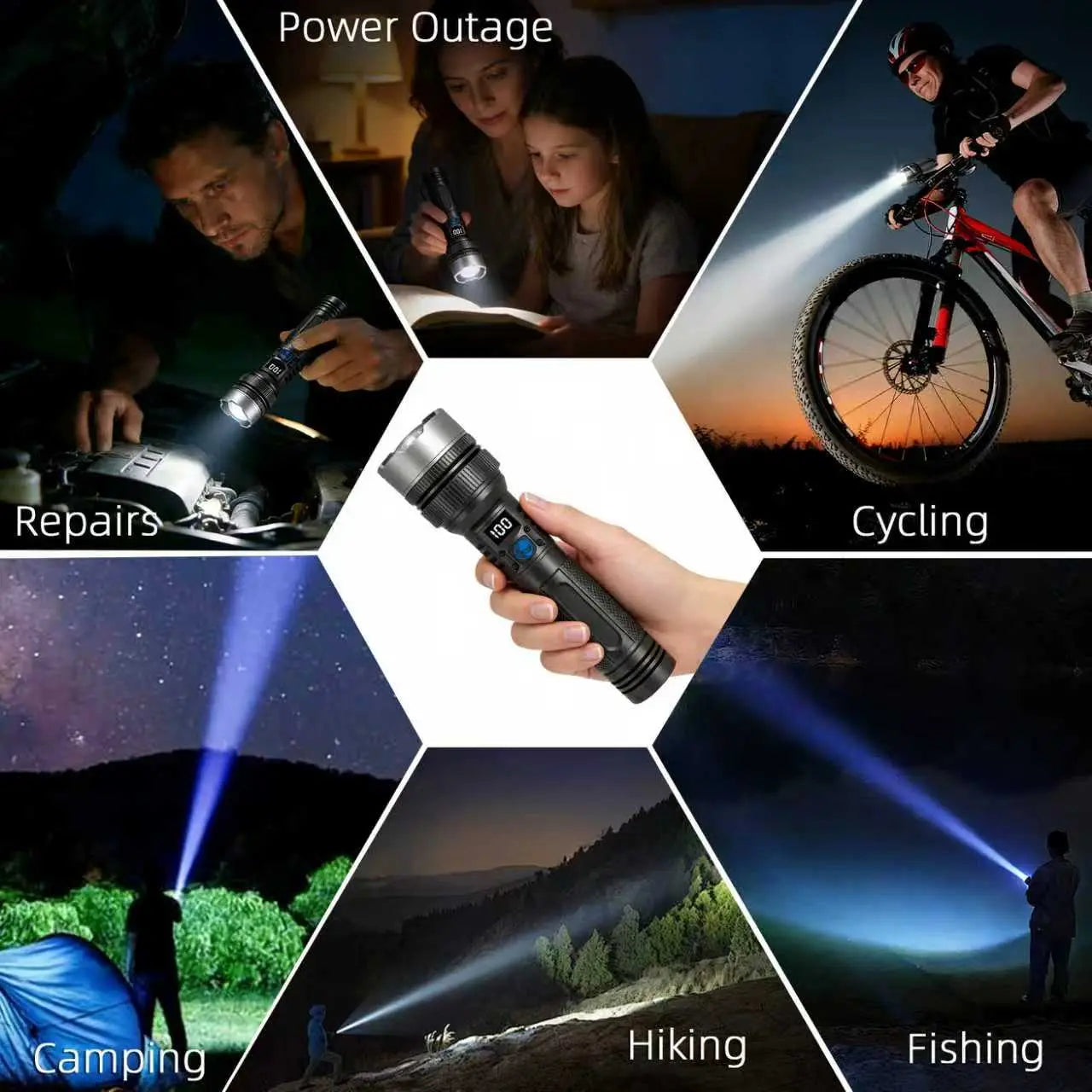 2-In-1 Strong Flashlight (Power Bank), Digital Display Ofpower, Rechargeable, Zoomable,, X4Waterproof,Adjustable Brightness Flash Light for Outdoor, Emergency,Camping Accessories, Black Tiktokshopspringglowup
