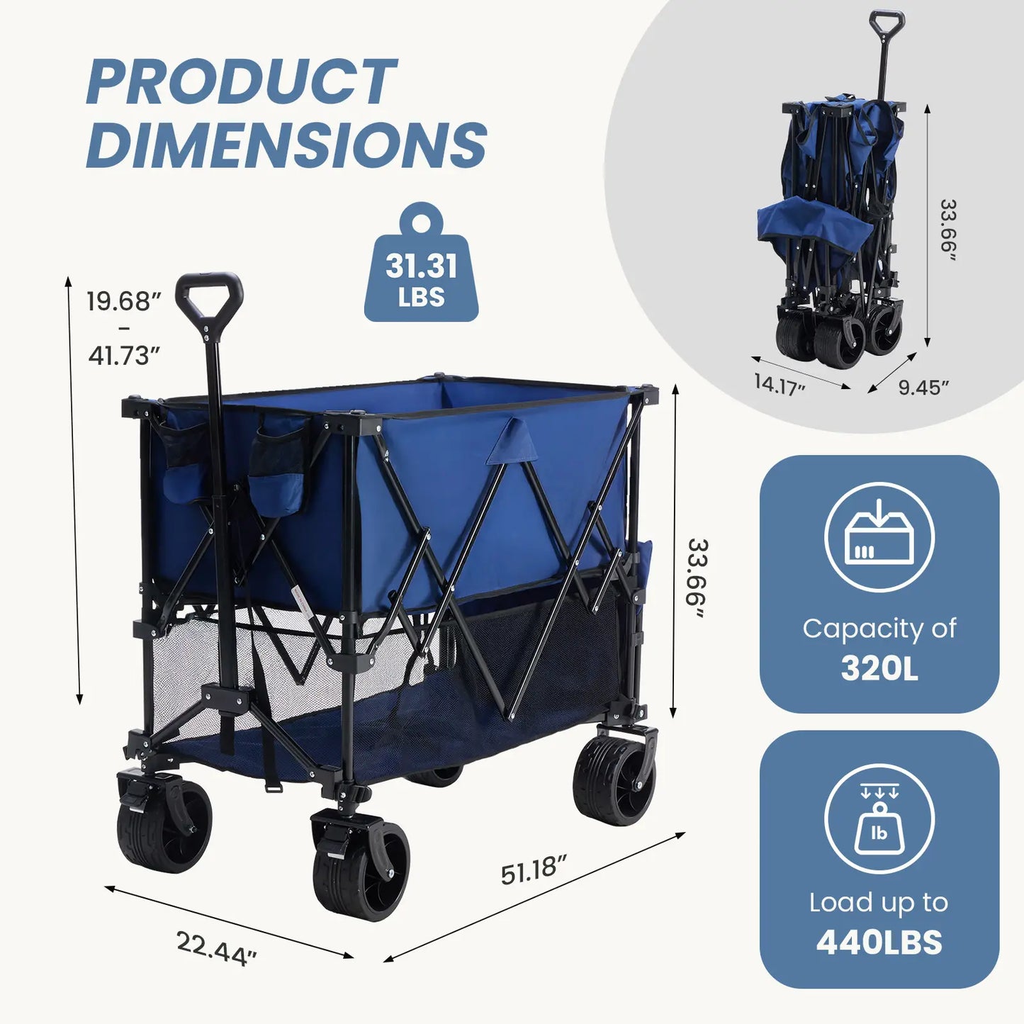 Large Capacity Folding Double Decker Wagon with Brakes, 440 Lbs Wagons Carts Foldable Wagon Cart with Flexible Handle, All-Terrain Big Wheels for Grocery Sports Garden Camping