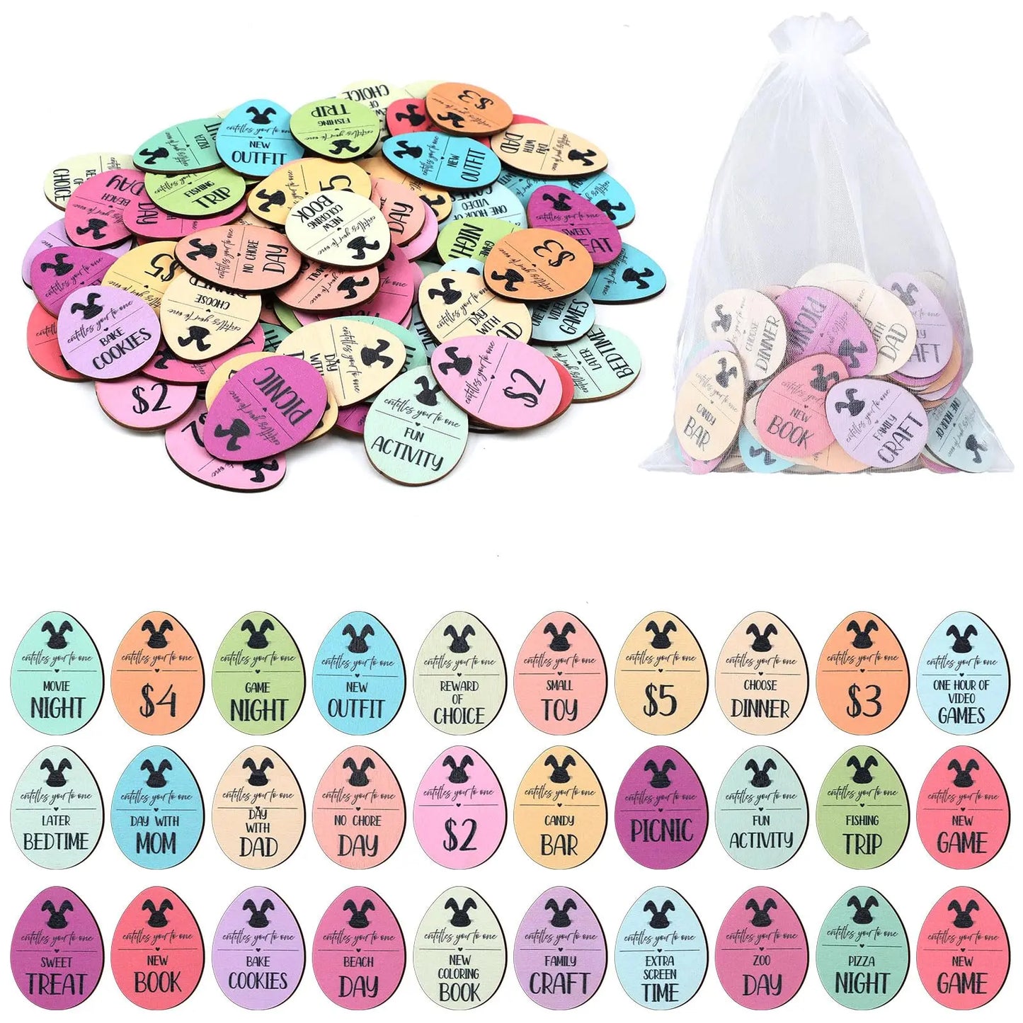 Easter Egg Tokens 30/120 Pcs Reusable Wooden Reward Tokens with 20 Engraved Sayings + 4 Gift Bags - Kids Teens Classroom Prizes Non-Candy Easter Basket Stuffers Spring Party Supplies Set