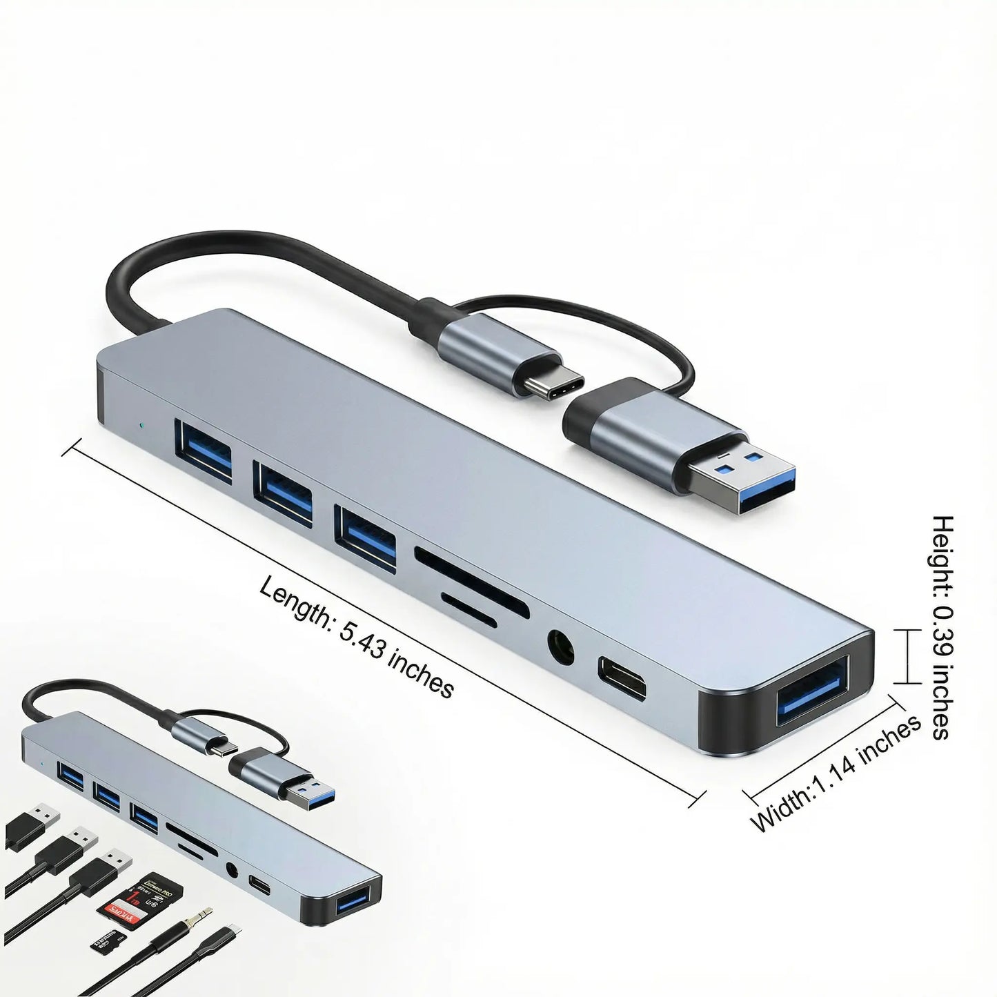 8 Port Phone Hub with 4 3.0 USB-A Ports 1 USB-C Port Splitter Converter TF SD Card Slot 3.5Mm Audio Head Phone Jacks for Macbook Ipad Iphone 17 16 15 Pro Laptop Galaxy More