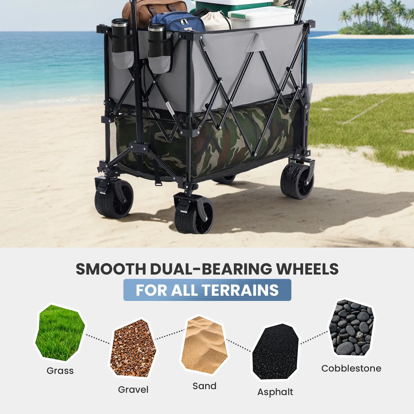 Large Capacity Folding Double Decker Wagon with Brakes, 440 Lbs Wagons Carts Foldable Wagon Cart with Flexible Handle, All-Terrain Big Wheels for Grocery Sports Garden Camping