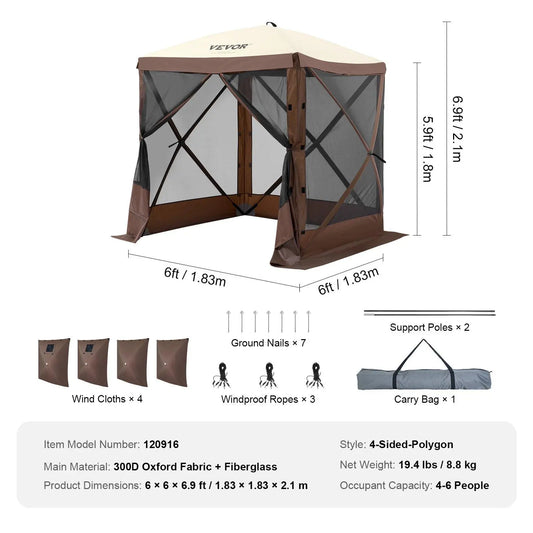VEVOR Camping Gazebo Screen Tent, 12*12Ft, 6 Sided Pop-Up Canopy Shelter Tent with Mesh Windows, Portable Carry Bag, Stakes, Large Shade Tents for Outdoor Camping, Lawn and Backyard, Brown/Beige