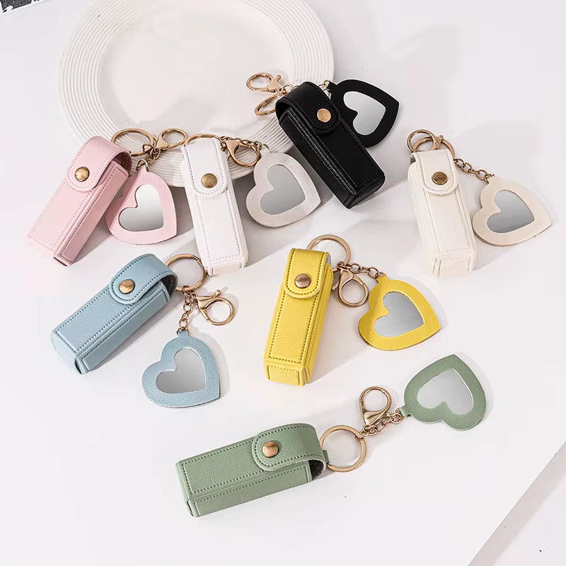 New Portable Lipstick Bag Packet Heart Mirror Keychain Mini Leather Key Chain Ring Small Versatile Keyring Gifts for Girlfriend