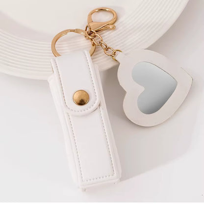 New Portable Lipstick Bag Packet Heart Mirror Keychain Mini Leather Key Chain Ring Small Versatile Keyring Gifts for Girlfriend