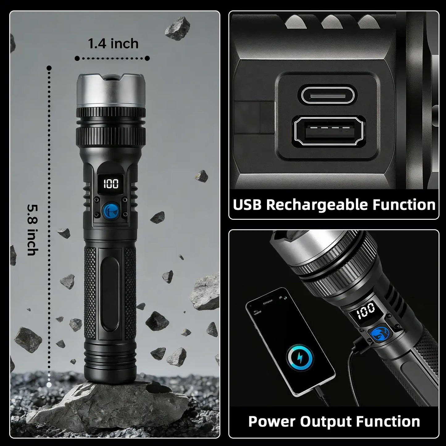 2-In-1 Strong Flashlight (Power Bank), Digital Display Ofpower, Rechargeable, Zoomable,, X4Waterproof,Adjustable Brightness Flash Light for Outdoor, Emergency,Camping Accessories, Black Tiktokshopspringglowup