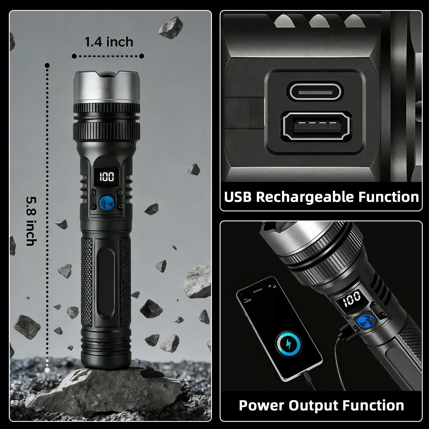 2-In-1 Strong Flashlight (Power Bank), Digital Display Ofpower, Rechargeable, Zoomable,, X4Waterproof,Adjustable Brightness Flash Light for Outdoor, Emergency,Camping Accessories, Black Tiktokshopspringglowup