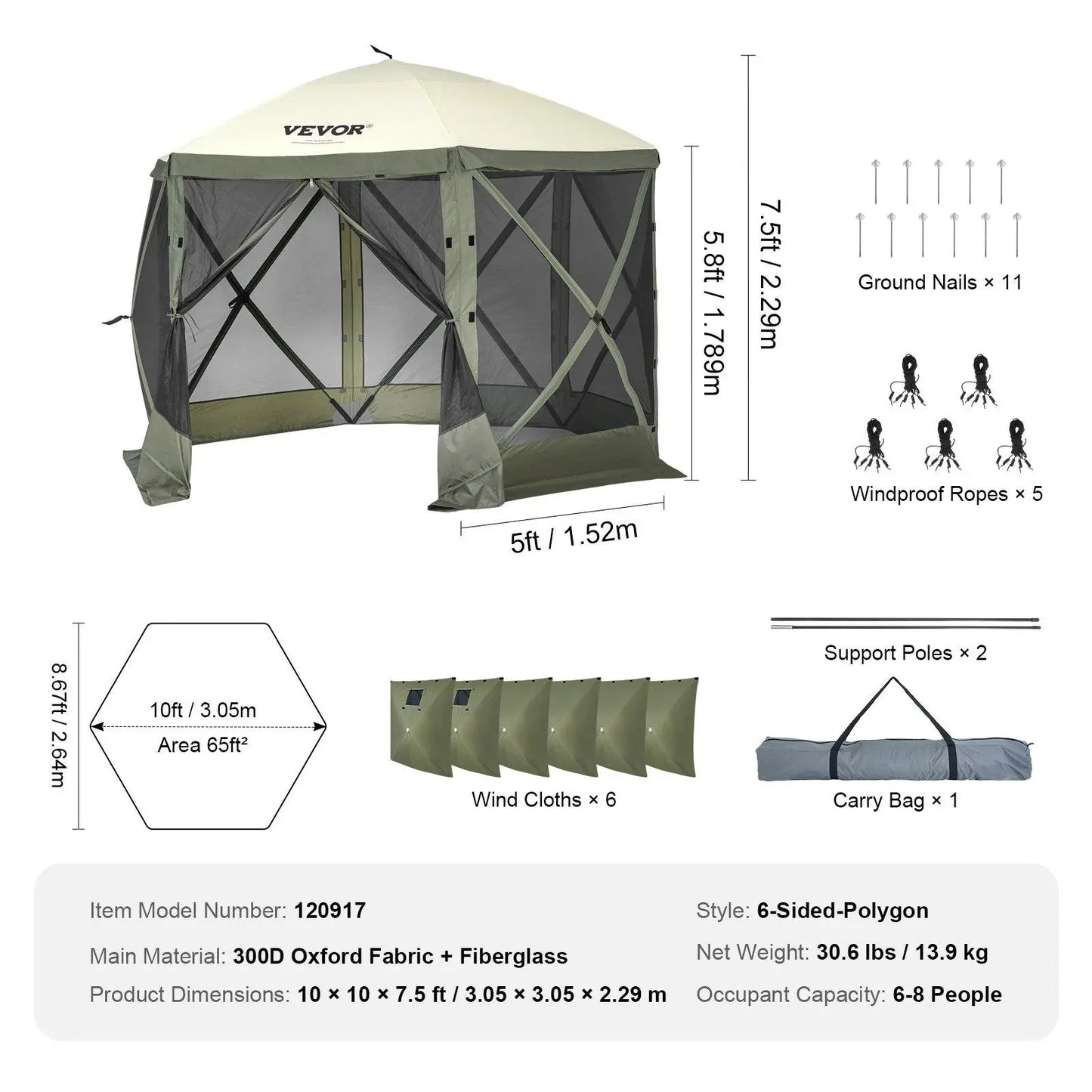 VEVOR Camping Gazebo Screen Tent, 12*12Ft, 6 Sided Pop-Up Canopy Shelter Tent with Mesh Windows, Portable Carry Bag, Stakes, Large Shade Tents for Outdoor Camping, Lawn and Backyard, Brown/Beige