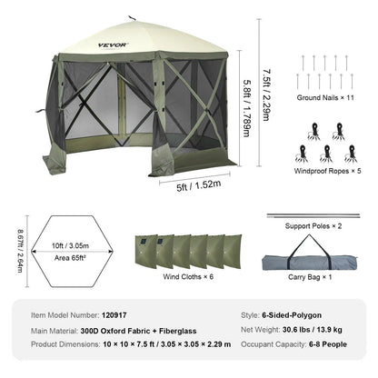 VEVOR Camping Gazebo Screen Tent, 12*12Ft, 6 Sided Pop-Up Canopy Shelter Tent with Mesh Windows, Portable Carry Bag, Stakes, Large Shade Tents for Outdoor Camping, Lawn and Backyard, Brown/Beige