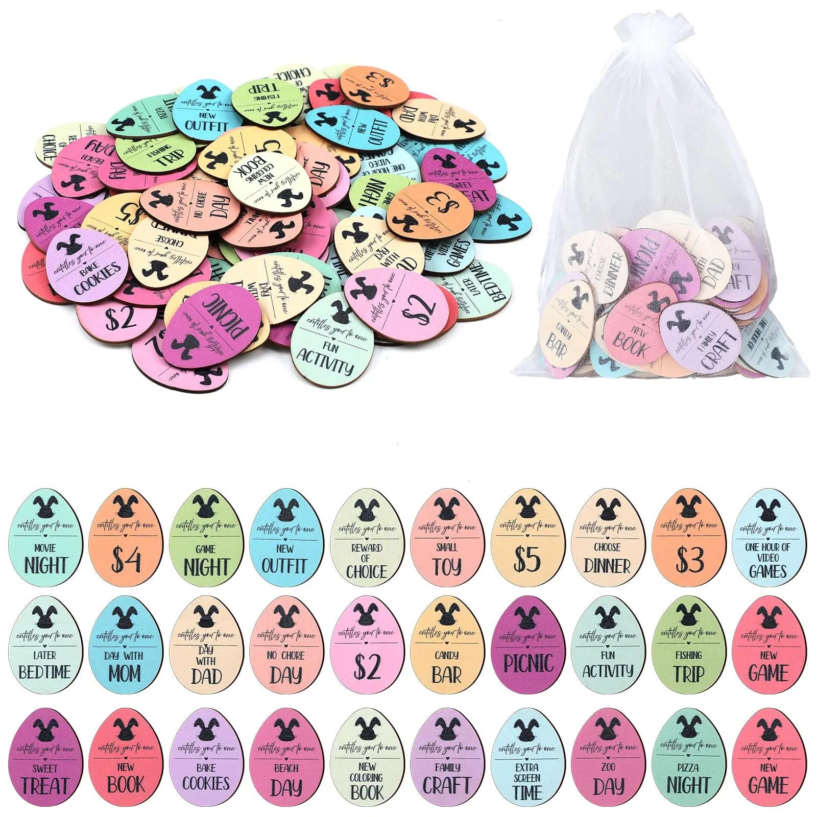 Easter Egg Tokens 30/120 Pcs Reusable Wooden Reward Tokens with 20 Engraved Sayings + 4 Gift Bags - Kids Teens Classroom Prizes Non-Candy Easter Basket Stuffers Spring Party Supplies Set