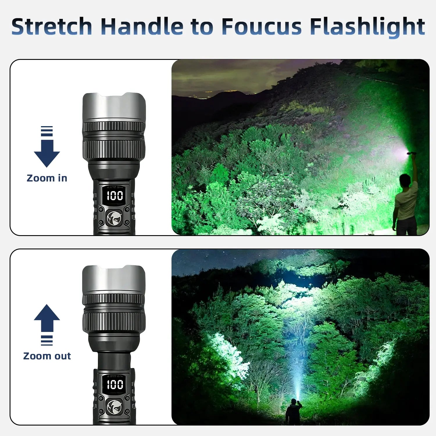 2-In-1 Strong Flashlight (Power Bank), Digital Display Ofpower, Rechargeable, Zoomable,, X4Waterproof,Adjustable Brightness Flash Light for Outdoor, Emergency,Camping Accessories, Black Tiktokshopspringglowup