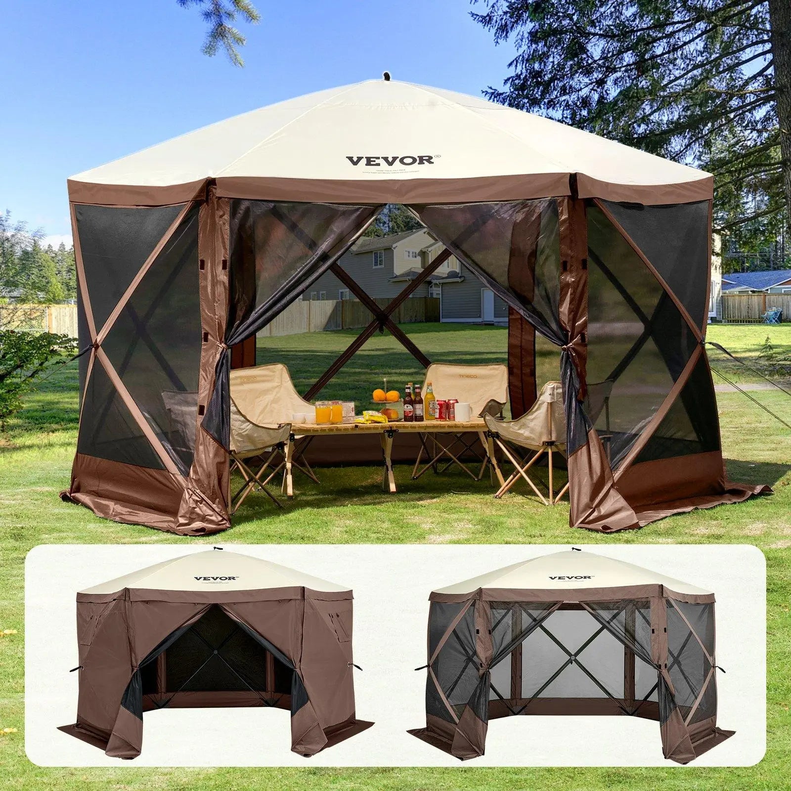 VEVOR Camping Gazebo Screen Tent, 12*12Ft, 6 Sided Pop-Up Canopy Shelter Tent with Mesh Windows, Portable Carry Bag, Stakes, Large Shade Tents for Outdoor Camping, Lawn and Backyard, Brown/Beige