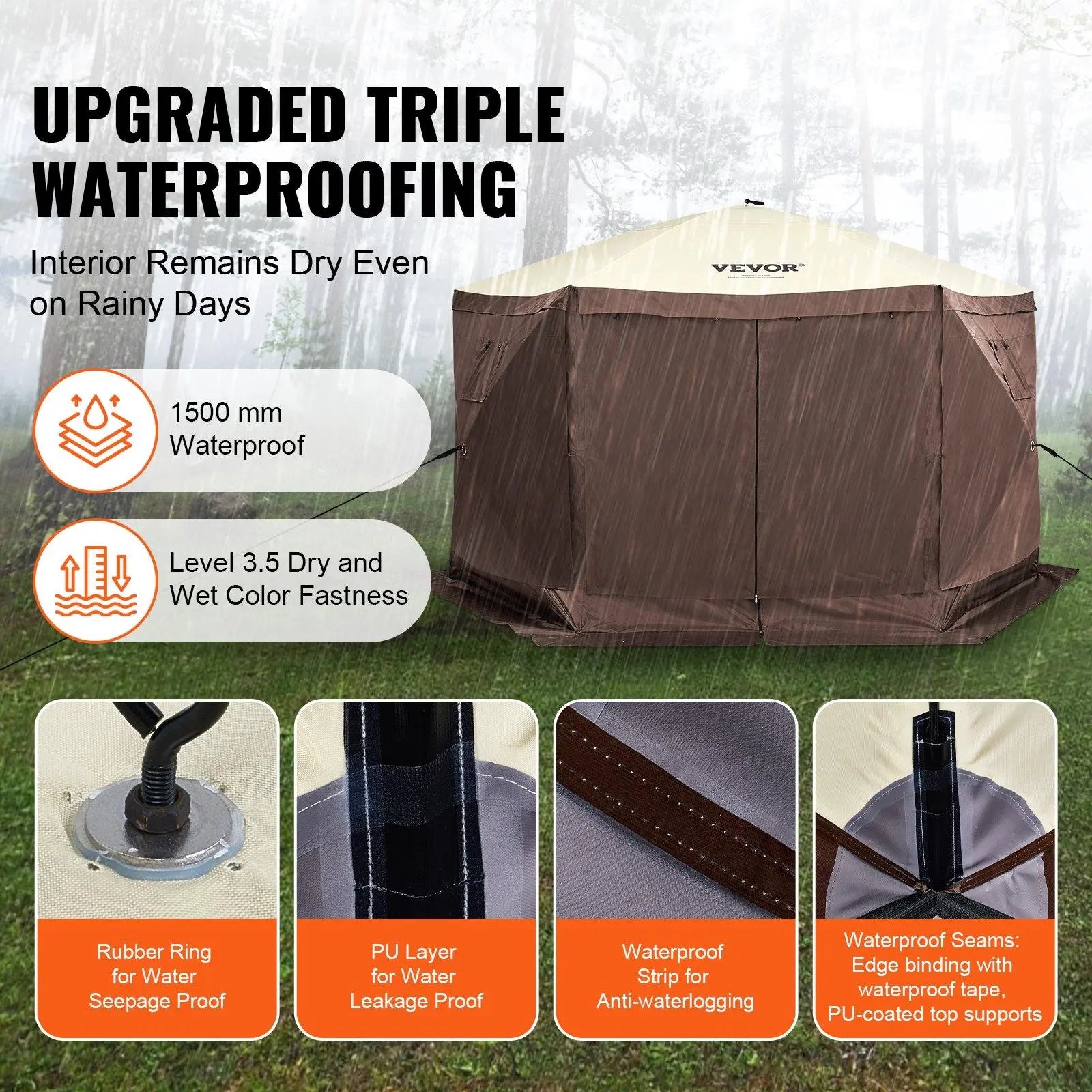 VEVOR Camping Gazebo Screen Tent, 12*12Ft, 6 Sided Pop-Up Canopy Shelter Tent with Mesh Windows, Portable Carry Bag, Stakes, Large Shade Tents for Outdoor Camping, Lawn and Backyard, Brown/Beige