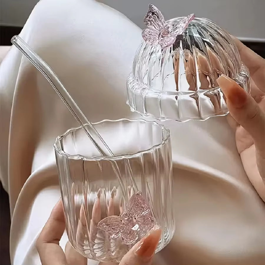 1PCS 400ML Drinking Glass Cup Set with Butterfly Design for Iced Coffee, Juice, Tea & Milk, Perfect Birthday and Holiday Gifts