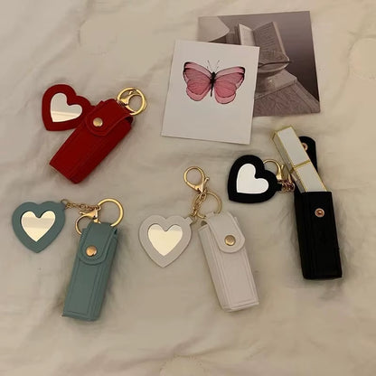 New Portable Lipstick Bag Packet Heart Mirror Keychain Mini Leather Key Chain Ring Small Versatile Keyring Gifts for Girlfriend