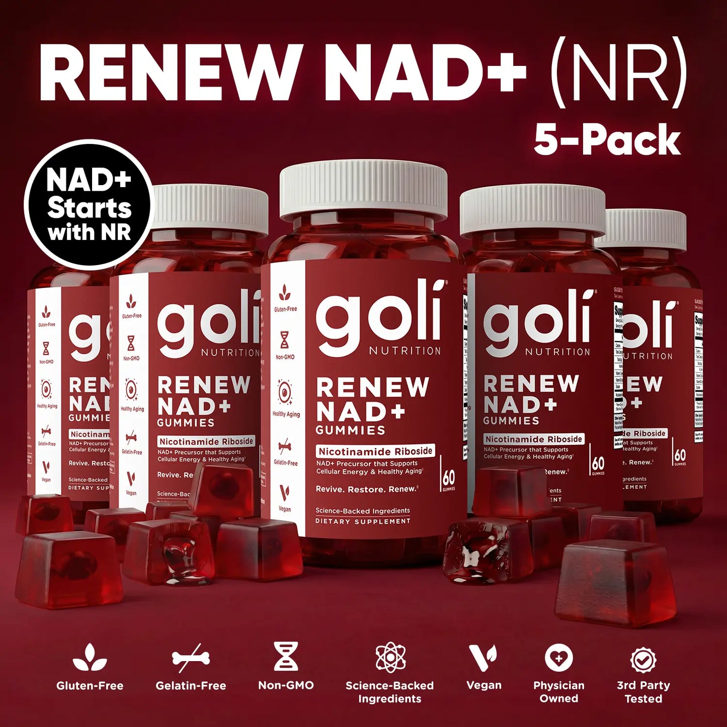 Goli Renew NAD+ (NR) Gummies. Clinically Studied NR Nicotinamide Riboside, Healthy Aging & Cellular Energy. Gluten Free, Non-Gmo, Gelatin-Free, Vegan.