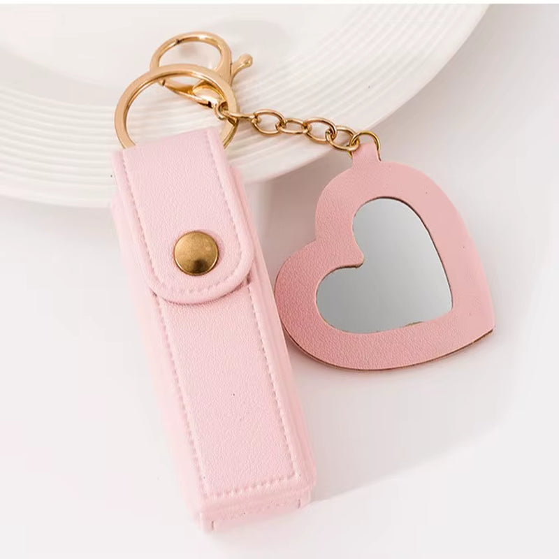 New Portable Lipstick Bag Packet Heart Mirror Keychain Mini Leather Key Chain Ring Small Versatile Keyring Gifts for Girlfriend