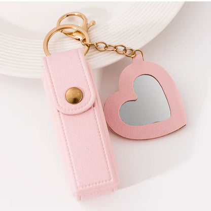 New Portable Lipstick Bag Packet Heart Mirror Keychain Mini Leather Key Chain Ring Small Versatile Keyring Gifts for Girlfriend