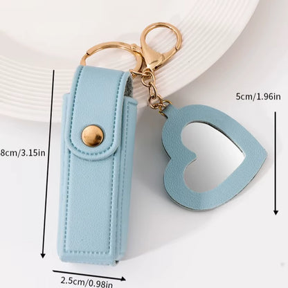 New Portable Lipstick Bag Packet Heart Mirror Keychain Mini Leather Key Chain Ring Small Versatile Keyring Gifts for Girlfriend