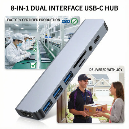 8 Port Phone Hub with 4 3.0 USB-A Ports 1 USB-C Port Splitter Converter TF SD Card Slot 3.5Mm Audio Head Phone Jacks for Macbook Ipad Iphone 17 16 15 Pro Laptop Galaxy More