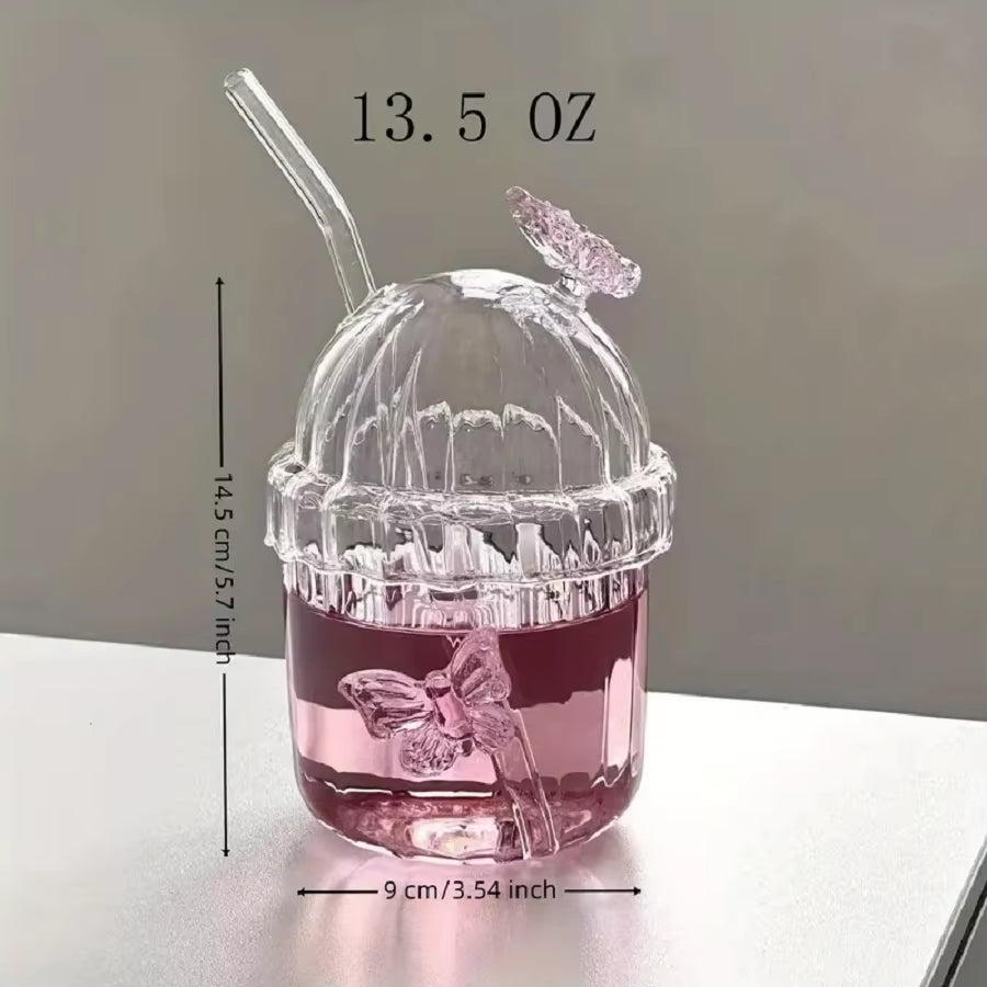 1PCS 400ML Drinking Glass Cup Set with Butterfly Design for Iced Coffee, Juice, Tea & Milk, Perfect Birthday and Holiday Gifts