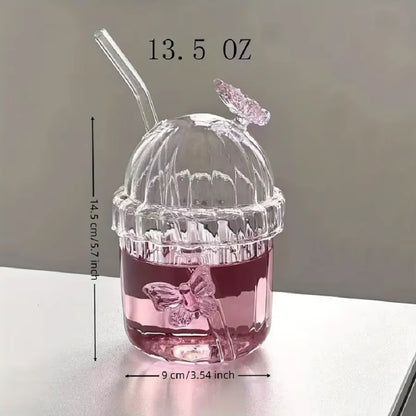 1PCS 400ML Drinking Glass Cup Set with Butterfly Design for Iced Coffee, Juice, Tea & Milk, Perfect Birthday and Holiday Gifts