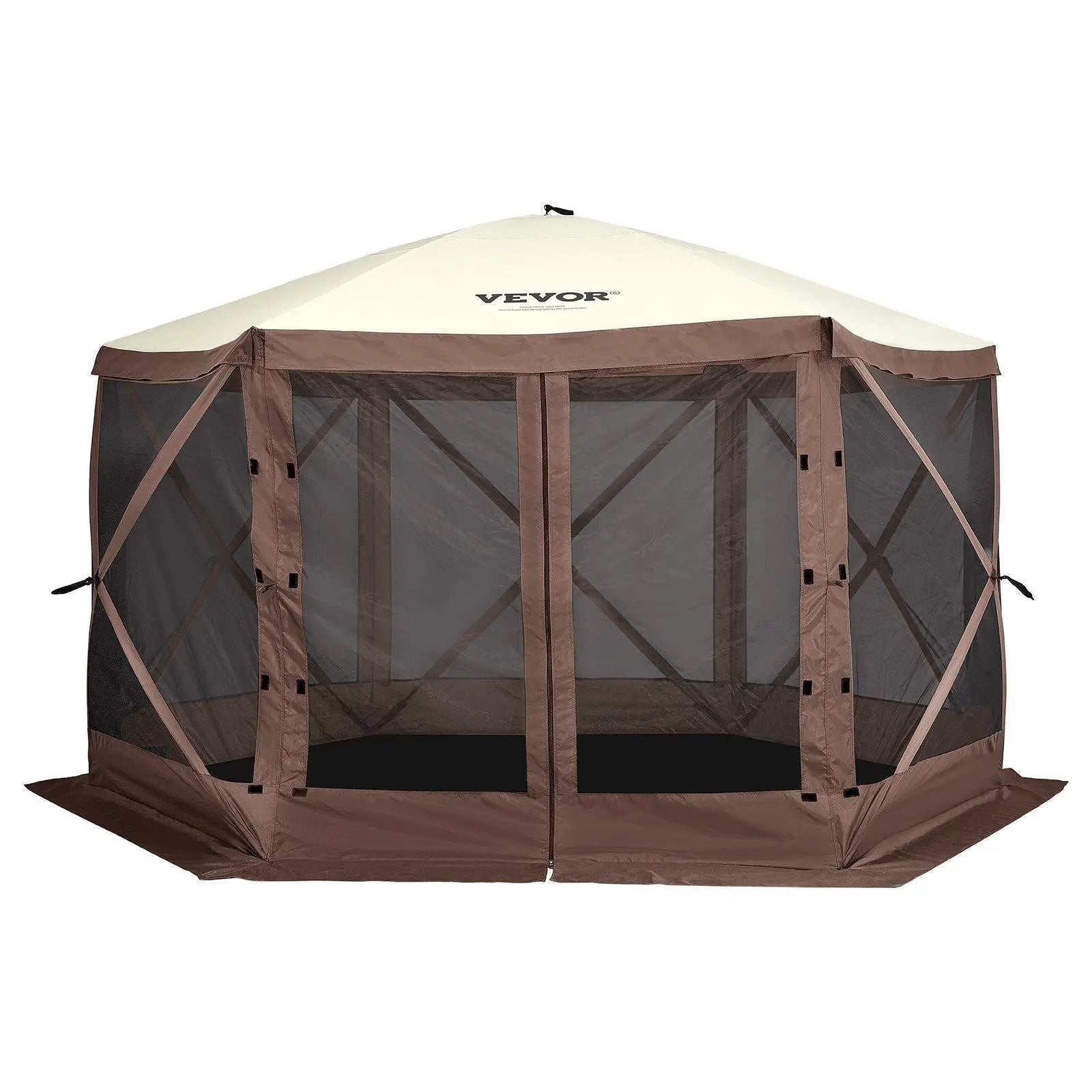 VEVOR Camping Gazebo Screen Tent, 12*12Ft, 6 Sided Pop-Up Canopy Shelter Tent with Mesh Windows, Portable Carry Bag, Stakes, Large Shade Tents for Outdoor Camping, Lawn and Backyard, Brown/Beige