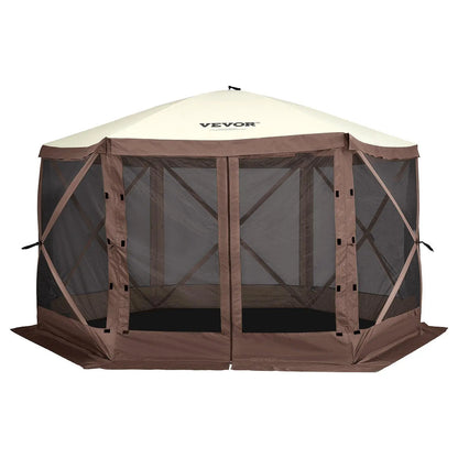 VEVOR Camping Gazebo Screen Tent, 12*12Ft, 6 Sided Pop-Up Canopy Shelter Tent with Mesh Windows, Portable Carry Bag, Stakes, Large Shade Tents for Outdoor Camping, Lawn and Backyard, Brown/Beige