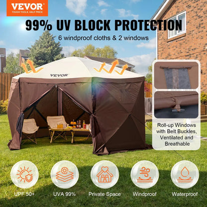 VEVOR Camping Gazebo Screen Tent, 12*12Ft, 6 Sided Pop-Up Canopy Shelter Tent with Mesh Windows, Portable Carry Bag, Stakes, Large Shade Tents for Outdoor Camping, Lawn and Backyard, Brown/Beige