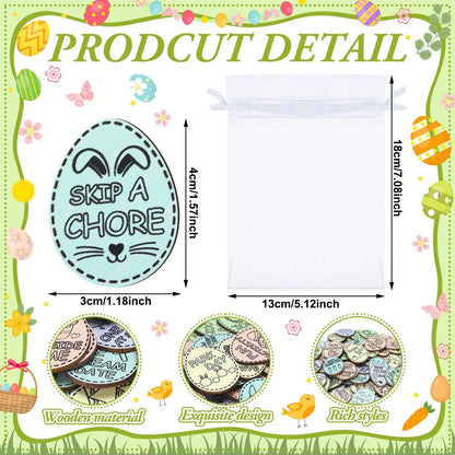 Easter Egg Tokens 30/120 Pcs Reusable Wooden Reward Tokens with 20 Engraved Sayings + 4 Gift Bags - Kids Teens Classroom Prizes Non-Candy Easter Basket Stuffers Spring Party Supplies Set