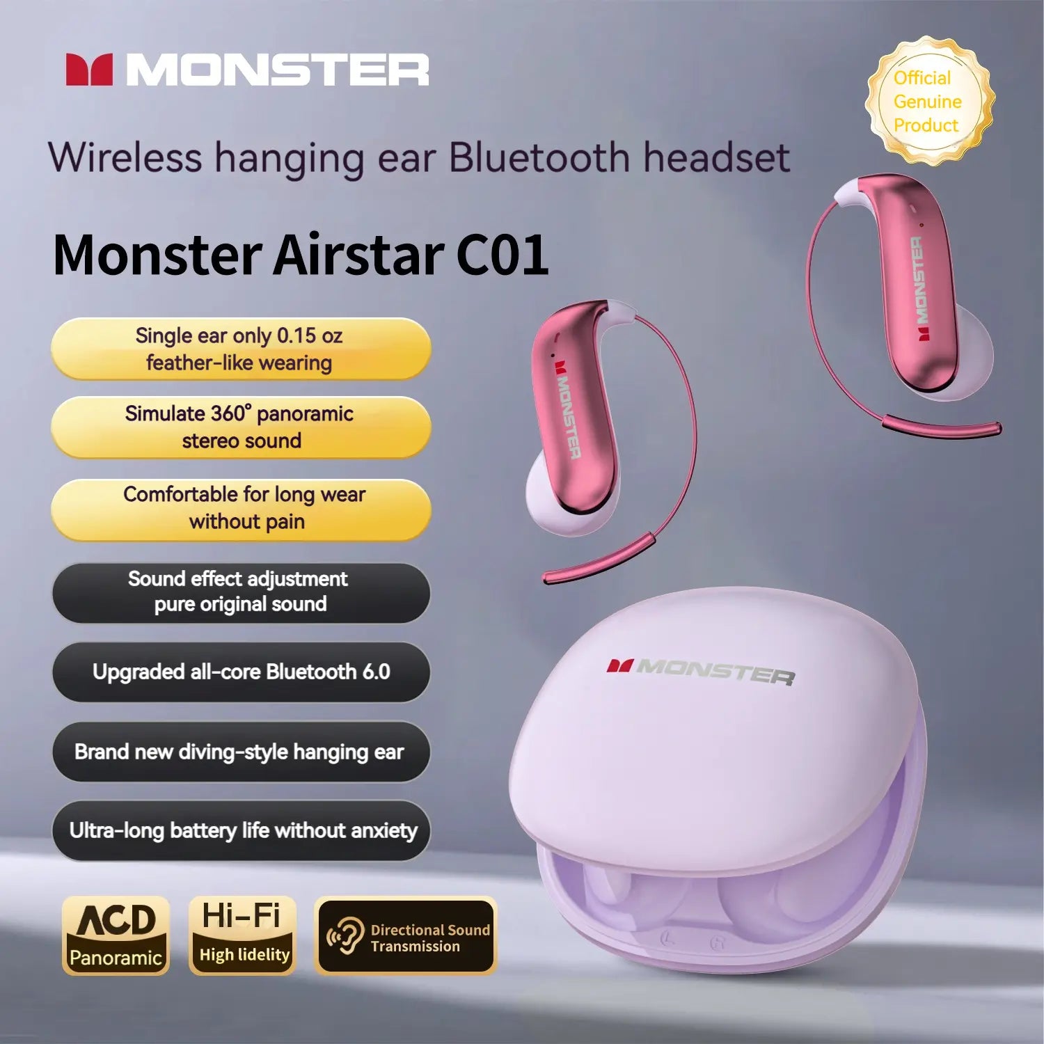 Monster Ear Buds - Bluetooth Headphones with Zero‑Gravity Titanium Ear‑Hook Design, Noise Isolation, 145H Playtime Wireless Earbuds Headset Bluetooth 6.0, IPX5 Waterproof & Sweatproof, Ideal for Travel & Electronic Gifts for Men and Women