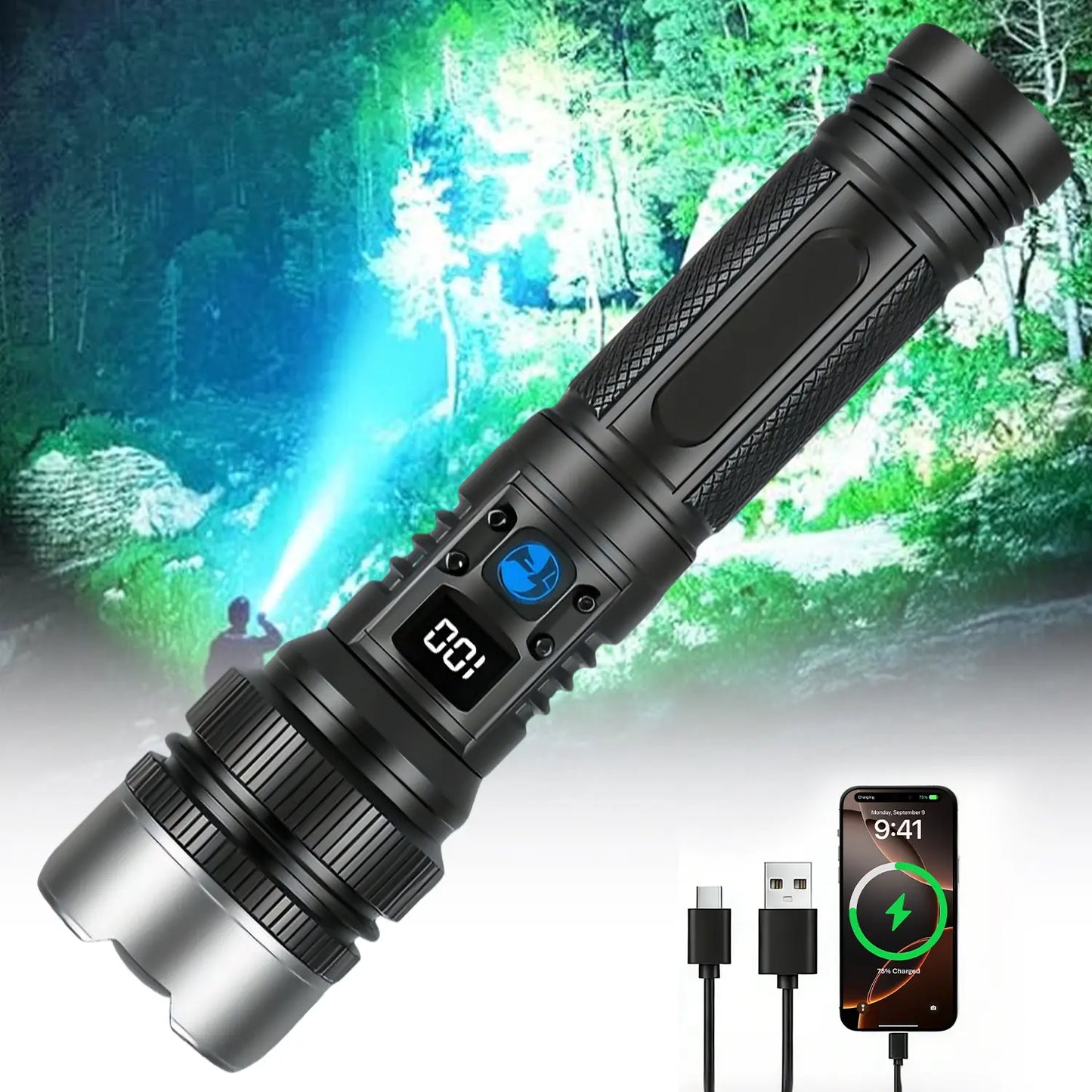 2-In-1 Strong Flashlight (Power Bank), Digital Display Ofpower, Rechargeable, Zoomable,, X4Waterproof,Adjustable Brightness Flash Light for Outdoor, Emergency,Camping Accessories, Black Tiktokshopspringglowup