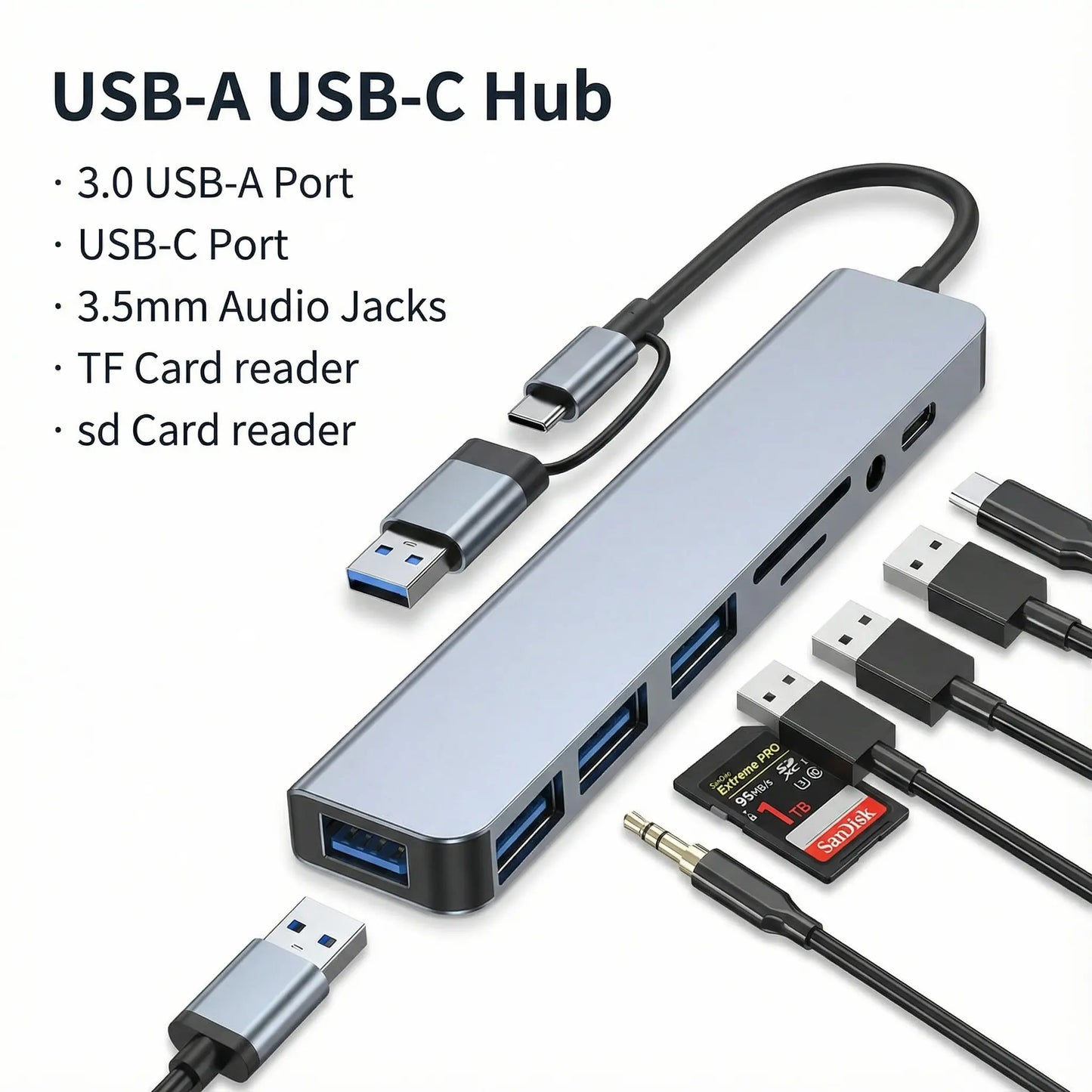 8 Port Phone Hub with 4 3.0 USB-A Ports 1 USB-C Port Splitter Converter TF SD Card Slot 3.5Mm Audio Head Phone Jacks for Macbook Ipad Iphone 17 16 15 Pro Laptop Galaxy More
