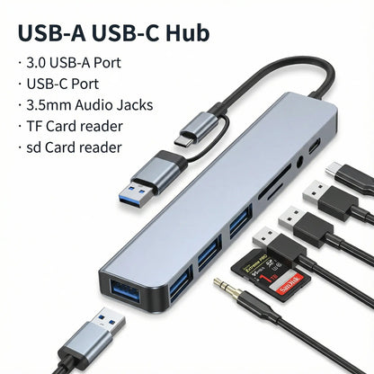 8 Port Phone Hub with 4 3.0 USB-A Ports 1 USB-C Port Splitter Converter TF SD Card Slot 3.5Mm Audio Head Phone Jacks for Macbook Ipad Iphone 17 16 15 Pro Laptop Galaxy More