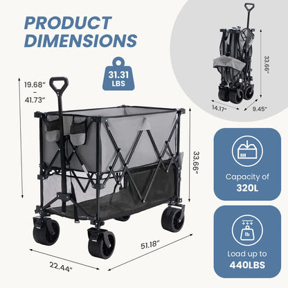 Large Capacity Folding Double Decker Wagon with Brakes, 440 Lbs Wagons Carts Foldable Wagon Cart with Flexible Handle, All-Terrain Big Wheels for Grocery Sports Garden Camping