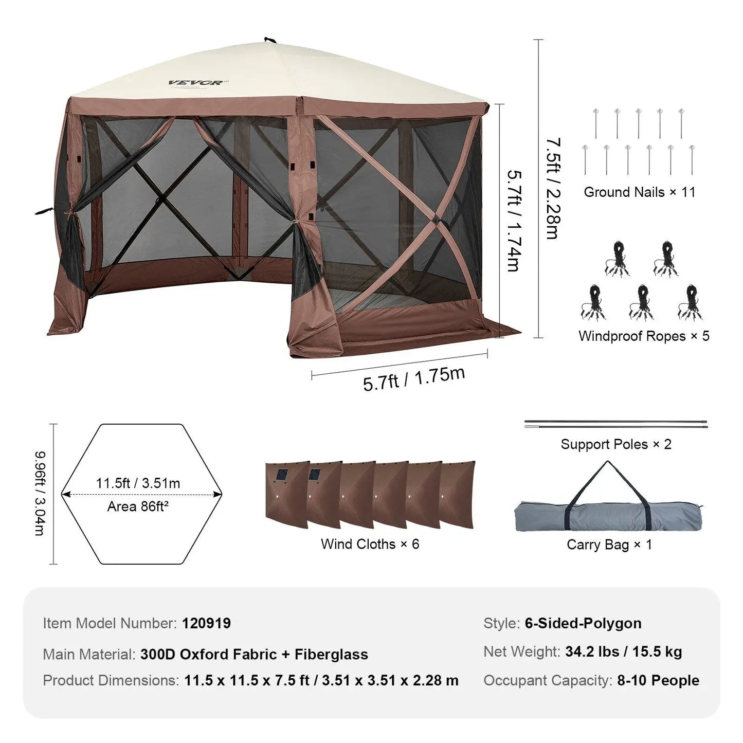 VEVOR Camping Gazebo Screen Tent, 12*12Ft, 6 Sided Pop-Up Canopy Shelter Tent with Mesh Windows, Portable Carry Bag, Stakes, Large Shade Tents for Outdoor Camping, Lawn and Backyard, Brown/Beige