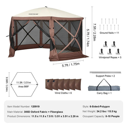 VEVOR Camping Gazebo Screen Tent, 12*12Ft, 6 Sided Pop-Up Canopy Shelter Tent with Mesh Windows, Portable Carry Bag, Stakes, Large Shade Tents for Outdoor Camping, Lawn and Backyard, Brown/Beige