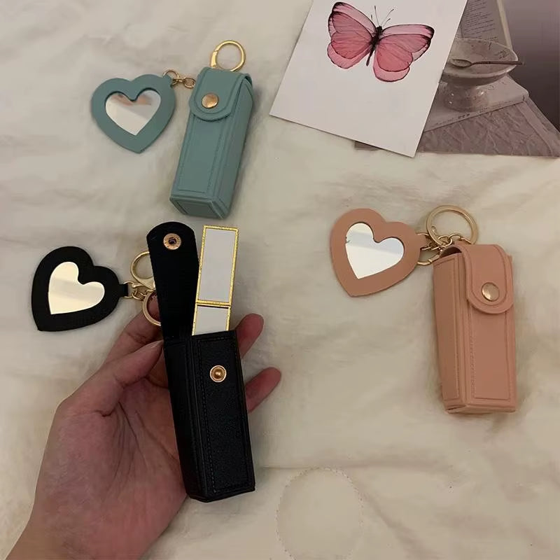 New Portable Lipstick Bag Packet Heart Mirror Keychain Mini Leather Key Chain Ring Small Versatile Keyring Gifts for Girlfriend