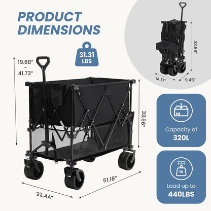Large Capacity Folding Double Decker Wagon with Brakes, 440 Lbs Wagons Carts Foldable Wagon Cart with Flexible Handle, All-Terrain Big Wheels for Grocery Sports Garden Camping