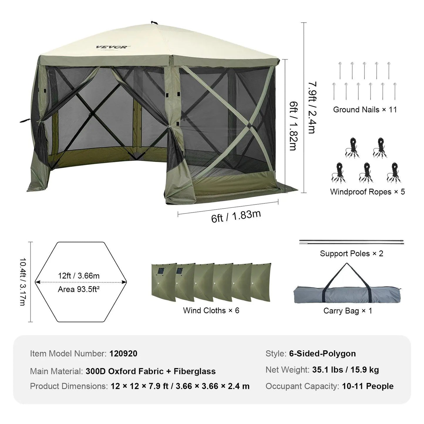 VEVOR Camping Gazebo Screen Tent, 12*12Ft, 6 Sided Pop-Up Canopy Shelter Tent with Mesh Windows, Portable Carry Bag, Stakes, Large Shade Tents for Outdoor Camping, Lawn and Backyard, Brown/Beige