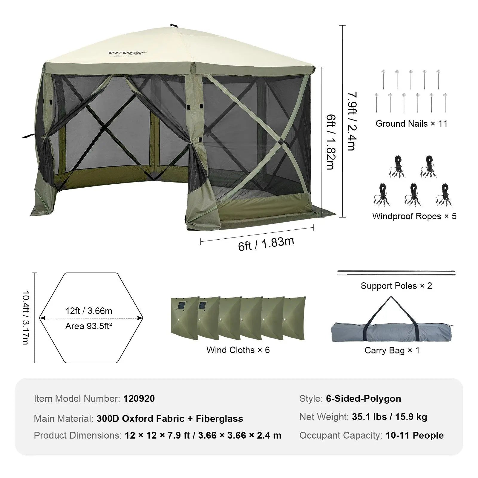 VEVOR Camping Gazebo Screen Tent, 12*12Ft, 6 Sided Pop-Up Canopy Shelter Tent with Mesh Windows, Portable Carry Bag, Stakes, Large Shade Tents for Outdoor Camping, Lawn and Backyard, Brown/Beige