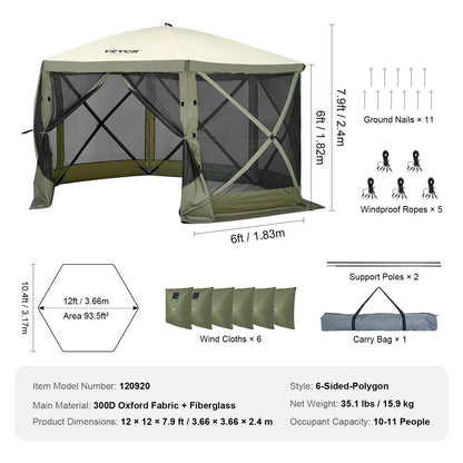 VEVOR Camping Gazebo Screen Tent, 12*12Ft, 6 Sided Pop-Up Canopy Shelter Tent with Mesh Windows, Portable Carry Bag, Stakes, Large Shade Tents for Outdoor Camping, Lawn and Backyard, Brown/Beige