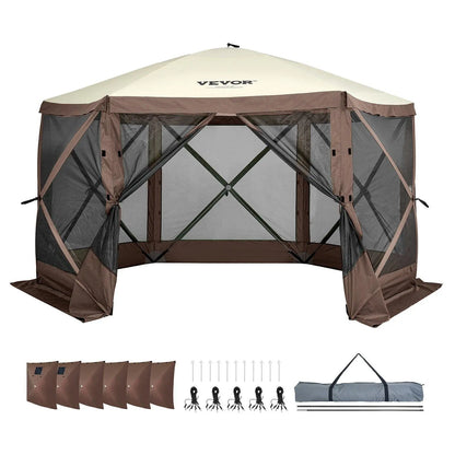 VEVOR Camping Gazebo Screen Tent, 12*12Ft, 6 Sided Pop-Up Canopy Shelter Tent with Mesh Windows, Portable Carry Bag, Stakes, Large Shade Tents for Outdoor Camping, Lawn and Backyard, Brown/Beige