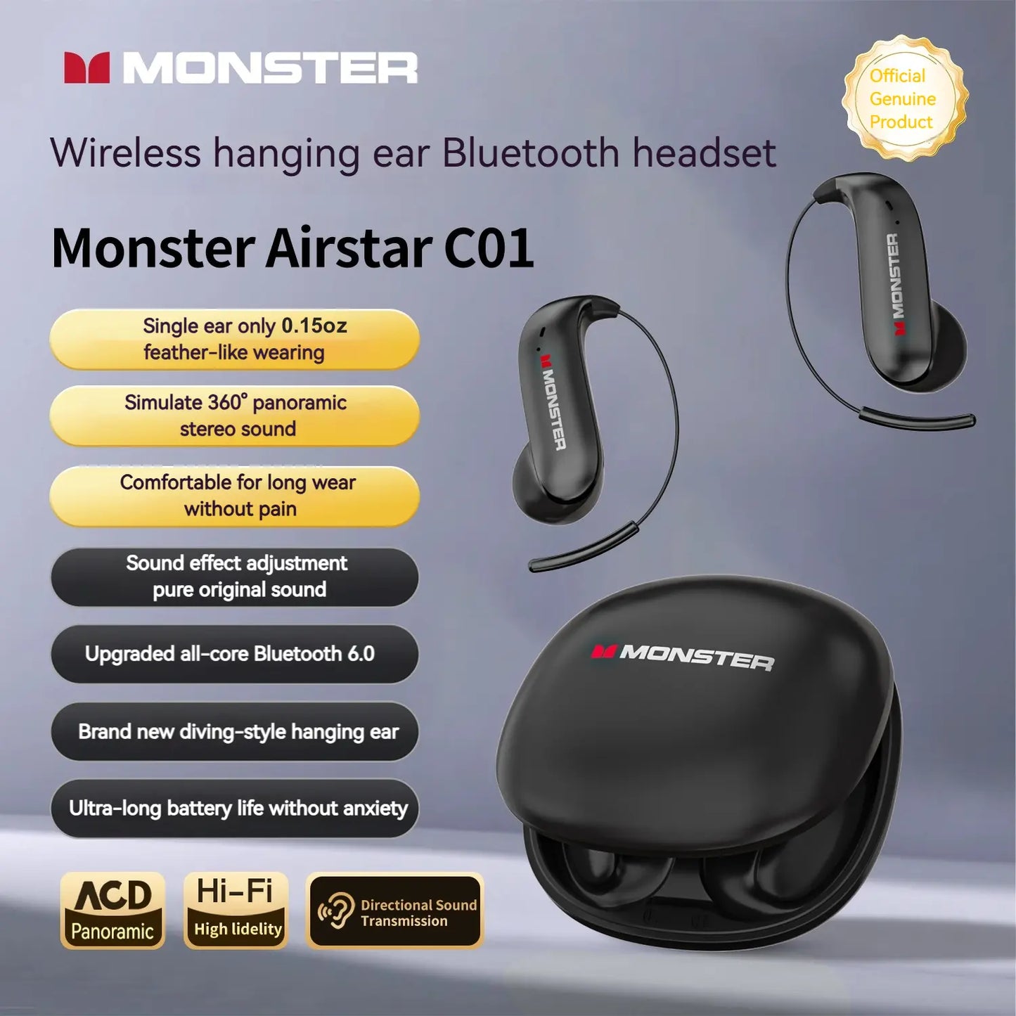 Monster Ear Buds - Bluetooth Headphones with Zero‑Gravity Titanium Ear‑Hook Design, Noise Isolation, 145H Playtime Wireless Earbuds Headset Bluetooth 6.0, IPX5 Waterproof & Sweatproof, Ideal for Travel & Electronic Gifts for Men and Women
