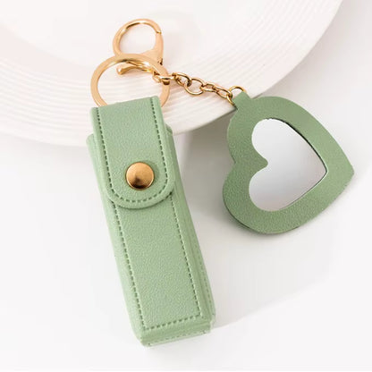 New Portable Lipstick Bag Packet Heart Mirror Keychain Mini Leather Key Chain Ring Small Versatile Keyring Gifts for Girlfriend