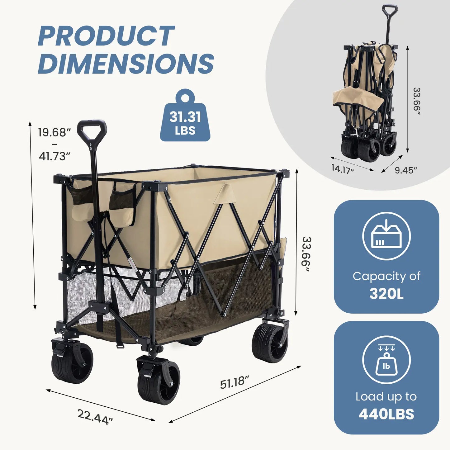 Large Capacity Folding Double Decker Wagon with Brakes, 440 Lbs Wagons Carts Foldable Wagon Cart with Flexible Handle, All-Terrain Big Wheels for Grocery Sports Garden Camping