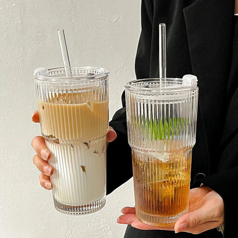 Glass Cup with Lid and Straw – Modern Style 600 ml