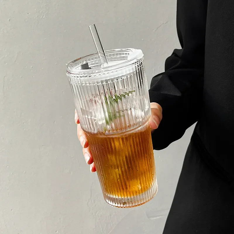 Glass Cup with Lid and Straw – Modern Style 600 ml