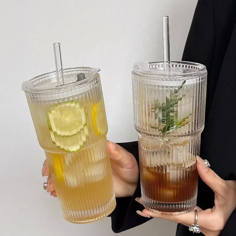 Glass Cup with Lid and Straw – Modern Style 600 ml