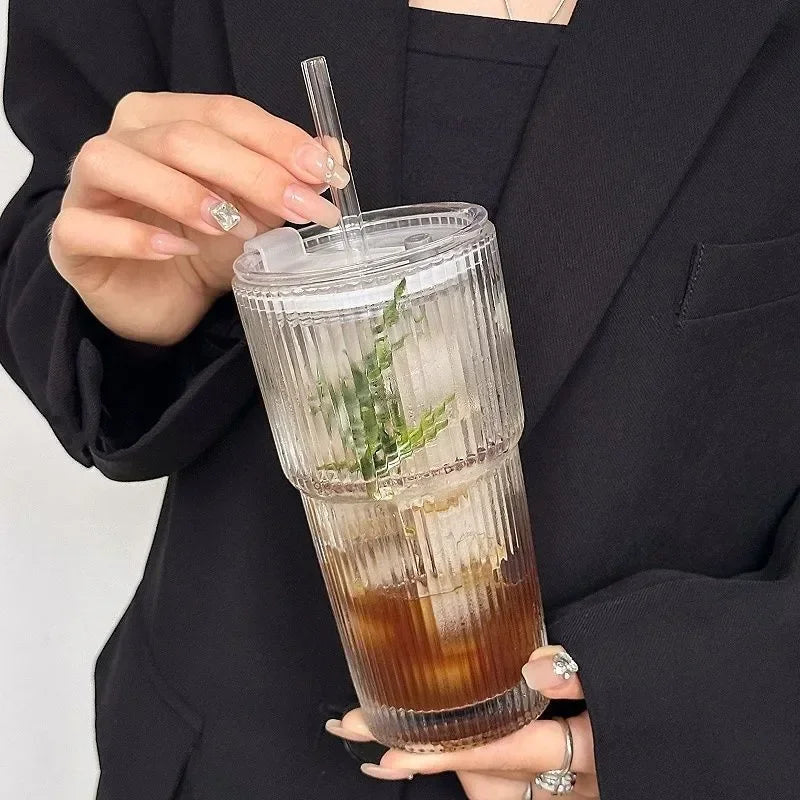 Glass Cup with Lid and Straw – Modern Style 600 ml