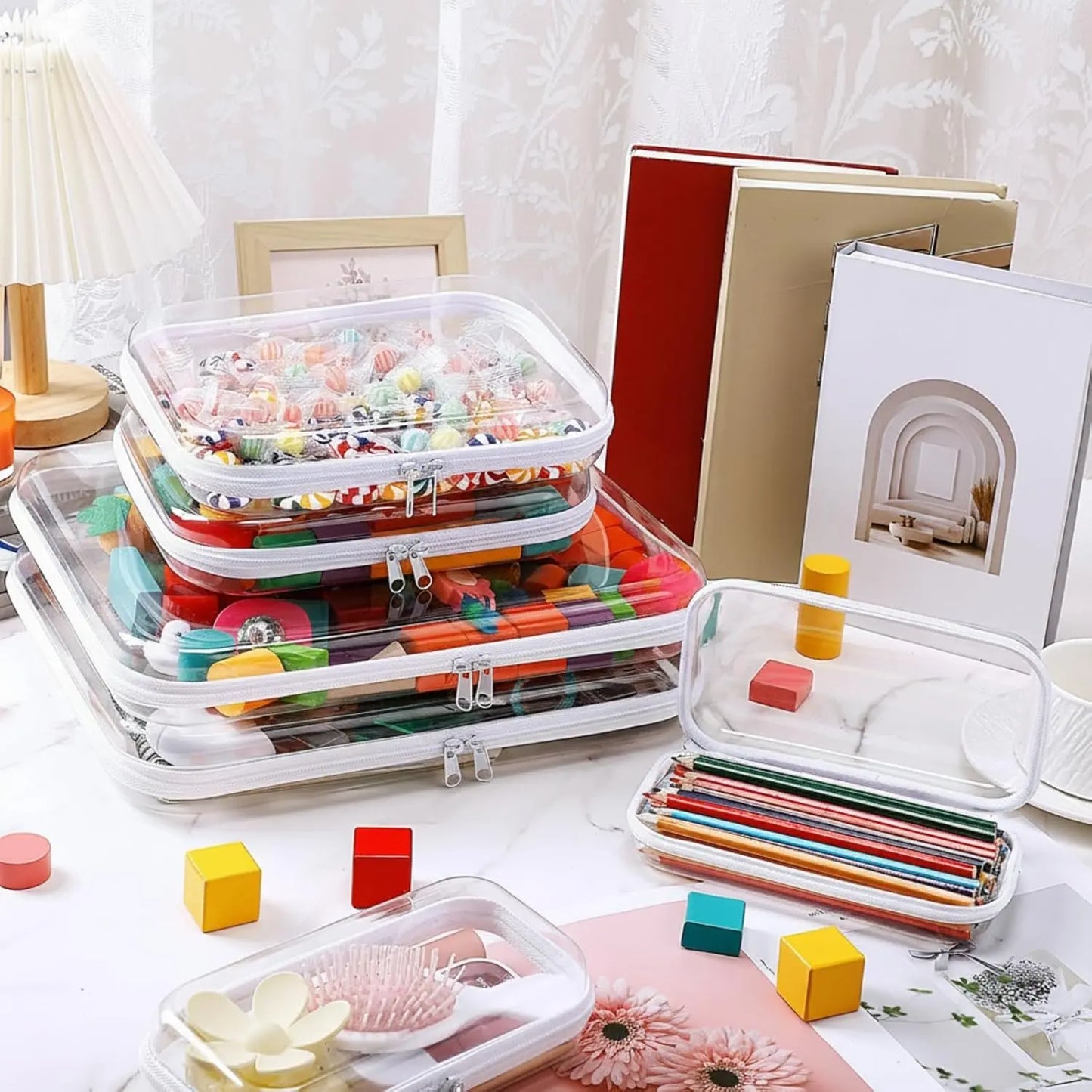 6 Pcs Clear Hard Zipper Case Hard Plastic Zipper Pouches Transparent Makeup Bag Pencil Pouches for Travel Snacks Christmas Trinket Storage Organizer Box(Clear,Three Sizes)